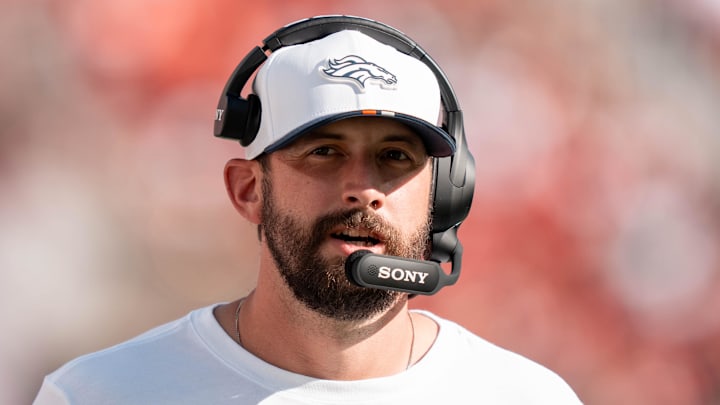August 9, 2025; Santa Clara, California, USA; Denver Broncos offensive pass game coordinator Davis Webb before the game against the San Francisco 49ers at Levi's Stadium. Mandatory Credit: Kyle Terada-Imagn Images