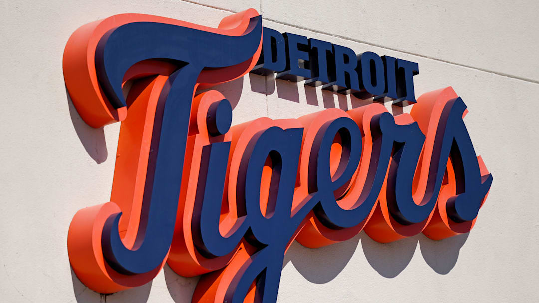 Mar 7, 2021; Lakeland, Florida, USA; A general view of the Detroit Tigers script logo on the building at Publix Field at Joker Marchant Stadium during the spring training game between the Detroit Tigers and the Toronto Blue Jays. 