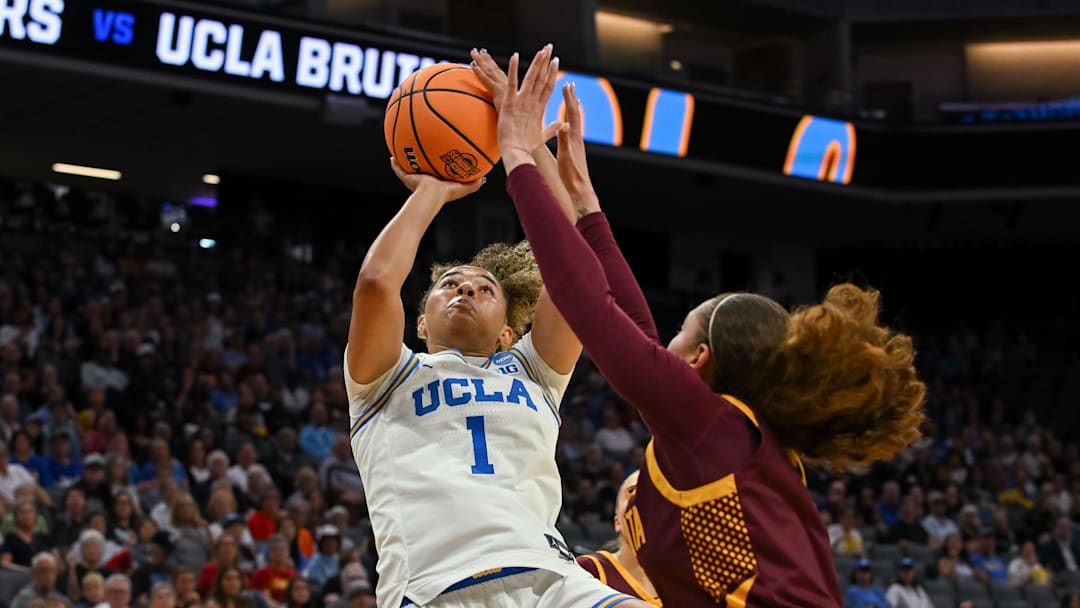 Mar 27, 2026; Sacramento, CA, USA; UCLA Bruins guard Kiki Rice (1) shoots against the Minnesota Golden Gophers during a Sweet Sixteen game of the Sacramento Regional 2 of the women's 2026 NCAA Tournament at Golden 1 Center. Mandatory Credit: Ed Szczepanski-Imagn Images