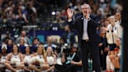Apr 6, 2025; Tampa, FL, USA; Connecticut Huskies head coach Geno Auriemma reacts during the first half the national championship of the women's 2025 NCAA tournament against the South Carolina Gamecocks at Amalie Arena. Mandatory Credit: Nathan Ray Seebeck-Imagn Images