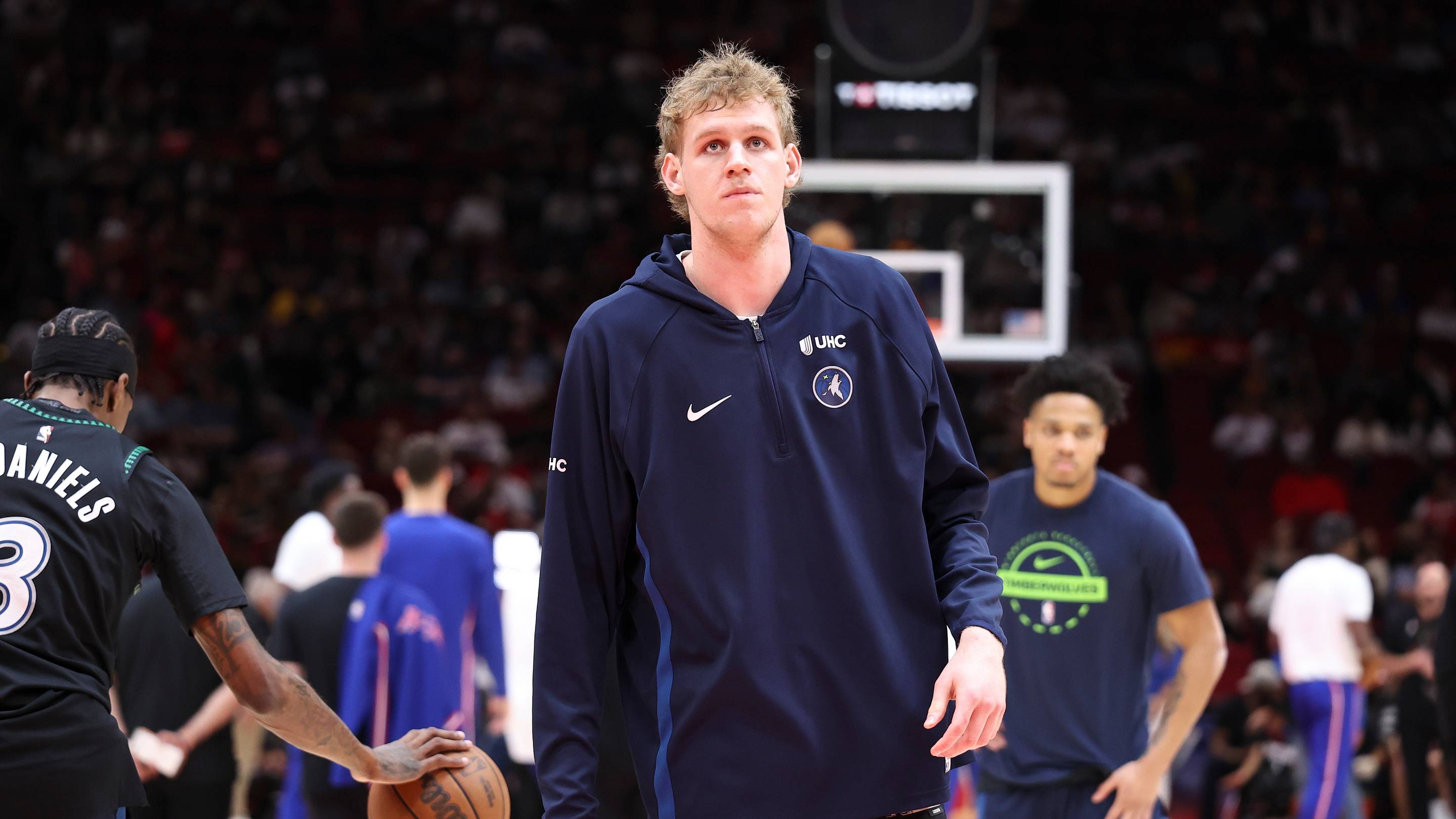 Apr 10, 2026; Houston, Texas, USA; Minnesota Timberwolves center Rocco Zikarsky (44) warms up before the game against the Houston Rockets at Toyota Center. Mandatory Credit: Troy Taormina-Imagn Images