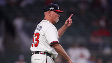 Jun 3, 2025; Atlanta, Georgia, USA; Atlanta Braves manager Brian Snitker (43) makes a pitching change against the Arizona Diamondbacks in the ninth inning at Truist Park. Mandatory Credit: Brett Davis-Imagn Images
