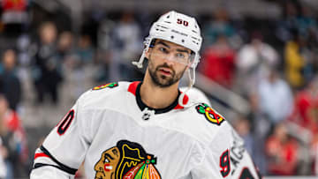 Mar 13, 2025; San Jose, California, USA; Chicago Blackhawks center Joe Veleno (90) warms up before the game against the San Jose Sharks at SAP Center at San Jose. Mandatory Credit: Bob Kupbens-Imagn Images