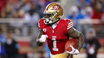 Dec 30, 2024; Santa Clara, California, USA; San Francisco 49ers wide receiver Deebo Samuel Sr. (1) during the game against the Detroit Lions at Levi's Stadium. Mandatory Credit: Sergio Estrada-Imagn Images