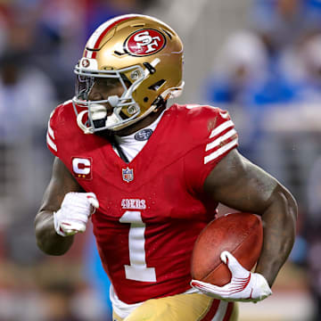 Dec 30, 2024; Santa Clara, California, USA; San Francisco 49ers wide receiver Deebo Samuel Sr. (1) during the game against the Detroit Lions at Levi's Stadium. Mandatory Credit: Sergio Estrada-Imagn Images