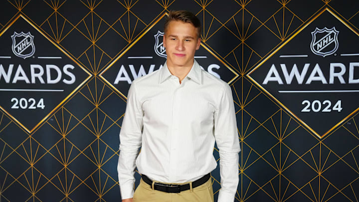 Jun 27, 2024; Las Vegas, Nevada, USA; Ivan Demidov appears on a red carpet before the start of the 2024 NHL Awards at Fontainebleau Las Vegas. Mandatory Credit: Stephen R. Sylvanie-Imagn Images