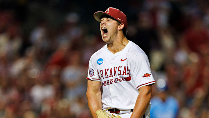 NCAA Baseball Men's College World Series — Arkansas starting pitcher Gage Wood throws a no-hitter.
