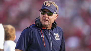 Oct 5, 2024; Athens, Georgia, USA; Auburn Tigers head coach Hugh Freeze on the field against the Georgia Bulldogs at Sanford Stadium. Mandatory Credit: Dale Zanine-Imagn Images