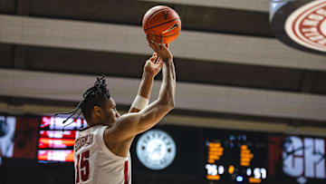Feb 1, 2025; Tuscaloosa, Alabama, USA; Alabama Crimson Tide forward Jarin Stevenson (15) shoots the ball against the Georgia Bulldogs during the second half at Coleman Coliseum. Mandatory Credit: Will McLelland-Imagn Images