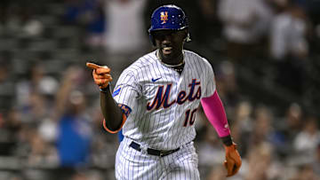 Sep 12, 2023; New York City, New York, USA; New York Mets shortstop Ronny Mauricio (10) reacts after hitting a two run home run against the Arizona Diamondbacks during the fourth inning at Citi Field. Mandatory Credit: John Jones-Imagn Images