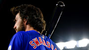 Chicago Cubs shortstop Swanson on deck before hitting against the Los Angeles Dodgers.