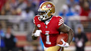 Dec 30, 2024; Santa Clara, California, USA; San Francisco 49ers wide receiver Deebo Samuel Sr. (1) during the game against the Detroit Lions at Levi's Stadium. Mandatory Credit: Sergio Estrada-Imagn Images