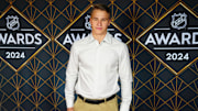 Jun 27, 2024; Las Vegas, Nevada, USA; Ivan Demidov appears on a red carpet before the start of the 2024 NHL Awards at Fontainebleau Las Vegas. Mandatory Credit: Stephen R. Sylvanie-Imagn Images