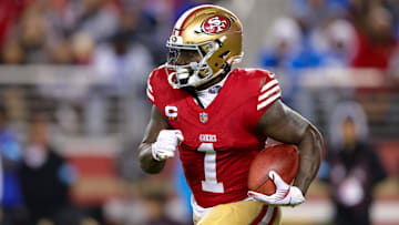 Dec 30, 2024; Santa Clara, California, USA; San Francisco 49ers wide receiver Deebo Samuel Sr. (1) during the game against the Detroit Lions at Levi's Stadium. Mandatory Credit: Sergio Estrada-Imagn Images