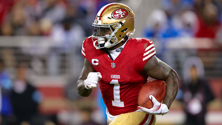 Dec 30, 2024; Santa Clara, California, USA; San Francisco 49ers wide receiver Deebo Samuel Sr. (1) during the game against the Detroit Lions at Levi's Stadium. Mandatory Credit: Sergio Estrada-Imagn Images