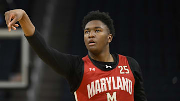 Mar 26, 2025; San Francisco, CA, USA; Maryland Terrapins center Derik Queen (25) shoots the basketball during NCAA Tournament West Regional Practice at Chase Center. Mandatory Credit: Eakin Howard-Imagn Images