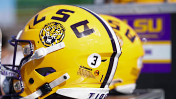 A general view of a LSU Tigers helmet against the Missouri Tigers during the first half at Faurot Field at Memorial Stadium.