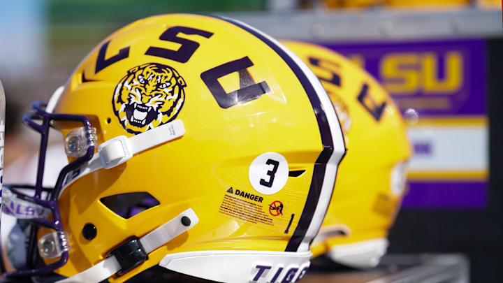A general view of a LSU Tigers helmet against the Missouri Tigers during the first half at Faurot Field at Memorial Stadium. A general view of a LSU Tigers helmet against the Missouri Tigers during the first half at Faurot Field at Memorial Stadium.
