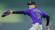 Apr 22, 2025; Kansas City, Missouri, USA; Colorado Rockies starting pitcher Ryan Feltner (18) pitches against the Kansas City Royals at Kauffman Stadium.
