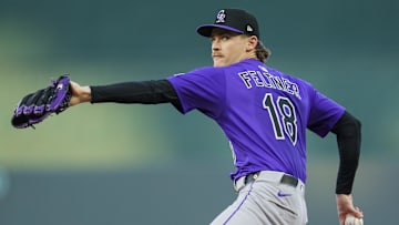 Apr 22, 2025; Kansas City, Missouri, USA; Colorado Rockies starting pitcher Ryan Feltner (18) pitches against the Kansas City Royals at Kauffman Stadium.