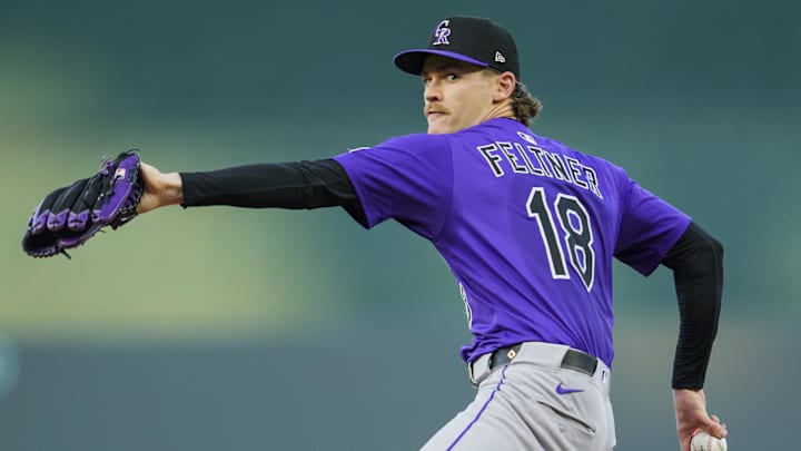Apr 22, 2025; Kansas City, Missouri, USA; Colorado Rockies starting pitcher Ryan Feltner (18) pitches against the Kansas City Royals at Kauffman Stadium.
