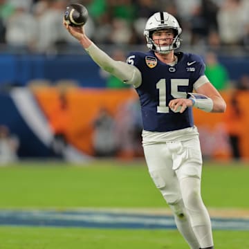 Penn State quarterback Drew Allar throws the ball in the first half against the Notre Dame Fighting Irish in the Orange Bowl at Hard Rock Stadium.