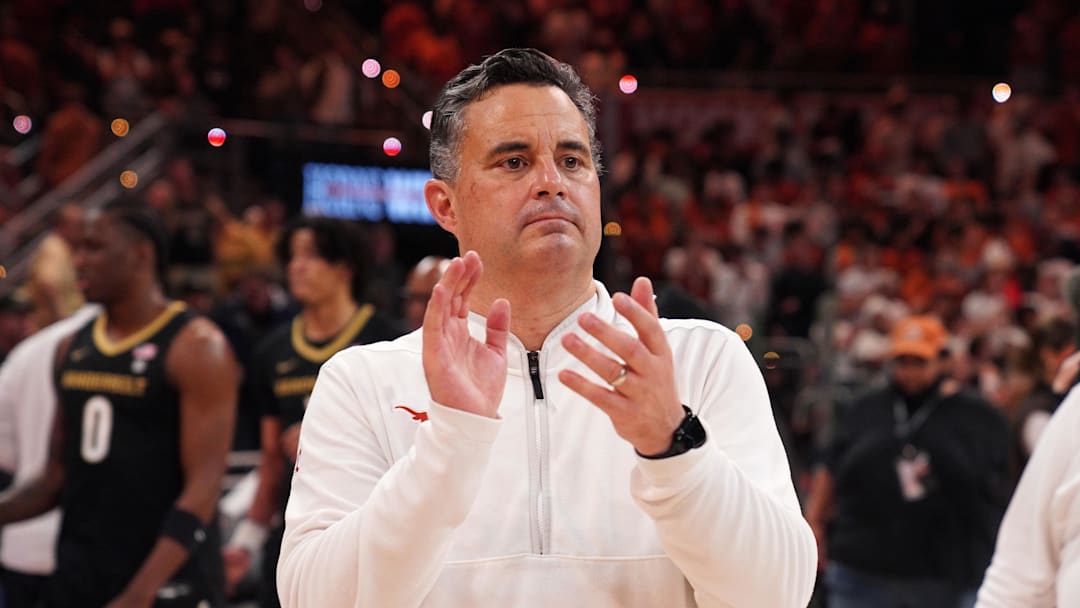 Texas Longhorns head coach Sean Miller celebrates a win against the Vanderbilt Commodores during the second half at Moody Center.