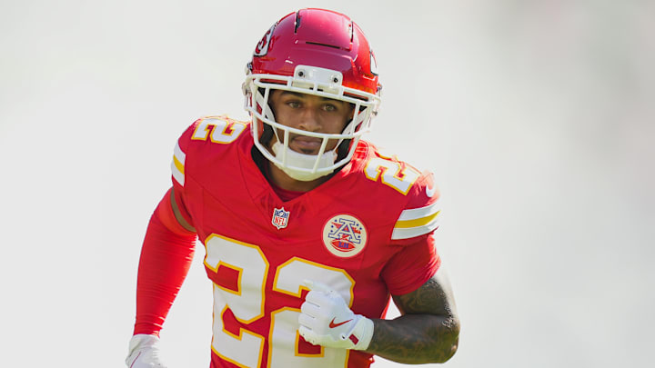 Sep 28, 2025; Kansas City, Missouri, USA; Kansas City Chiefs cornerback Trent McDuffie (22) takes the field prior to a game against the Baltimore Ravens at GEHA Field at Arrowhead Stadium. Mandatory Credit: Jay Biggerstaff-Imagn Images