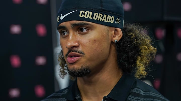 Jul 9, 2025; Frisco, TX, USA; Colorado quarterback Julian Lewis speaks with the media during 2025 Big 12 Football Media Days at The Star. Mandatory Credit: Raymond Carlin III-Imagn Images