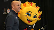 Penn State Nittany Lions head coach James Franklin poses with mascot Spirit before he speaks to the media at Arizona Ballroom at Camelback Inn on Dec. 29, 2024, ahead of their Vrbo Fiesta Bowl matchup against the Boise State Broncos.