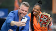 Pat McAfee and Bianca Belair take a selfie photo together at the ESPN College GameDay stage outside of Ayres Hall on the University of Tennessee campus in Knoxville, Tenn. on Saturday, Sept. 24, 2022. The flagship ESPN college football pregame show returned for the tenth time to Knoxville as the No. 12 Vols hosted the No. 22 Gators.

Kns Espn College Gameday