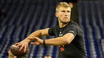 Mar 1, 2025; Indianapolis, IN, USA; Louisville quarterback Tyler Shough (QB14) during the 2025 NFL Combine at Lucas Oil Stadium. Mandatory Credit: Kirby Lee-Imagn Images