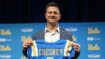 Dec 9, 2025; Los Angeles, CA, USA; UCLA Bruins football coach Bob Chesney poses at introductory press conference at Renee Luskin Conference Center Centennial Ballroom. Mandatory Credit: Kirby Lee-Imagn Images