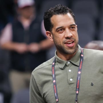 Mar 23, 2024; Atlanta, Georgia, USA; Atlanta Hawks general manager Landry Fields on the court before a game against the Charlotte Hornets at State Farm Arena. Mandatory Credit: Brett Davis-USA TODAY Sports