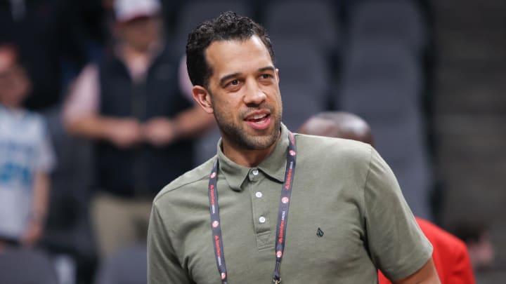 Mar 23, 2024; Atlanta, Georgia, USA; Atlanta Hawks general manager Landry Fields on the court before a game against the Charlotte Hornets at State Farm Arena. Mandatory Credit: Brett Davis-USA TODAY Sports