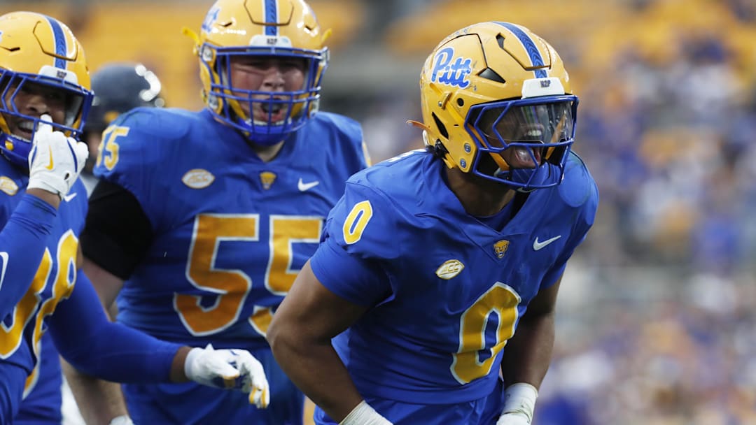 Oct 12, 2024; Pittsburgh, Pennsylvania, USA;  Pittsburgh Panthers linebacker Braylan Lovelace (0) reacts after registering a sack against the California Golden Bears during the third quarter at Acrisure Stadium. Pittsburgh won 17-15. Mandatory Credit: Charles LeClaire-Imagn Images