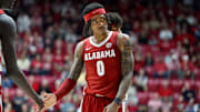 Dec 3, 2025; Tuscaloosa, Alabama, USA; Alabama Crimson Tide guard Labaron Philon (0) reacts after being fouled during the second half against the Clemson Tigers at Coleman Coliseum. Mandatory Credit: David Leong-Imagn Images