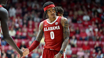 Dec 3, 2025; Tuscaloosa, Alabama, USA; Alabama Crimson Tide guard Labaron Philon (0) reacts after being fouled during the second half against the Clemson Tigers at Coleman Coliseum. Mandatory Credit: David Leong-Imagn Images