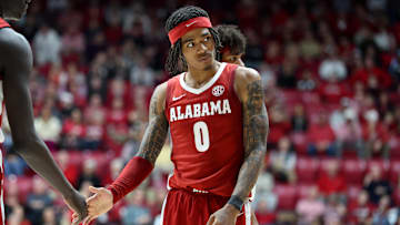 Dec 3, 2025; Tuscaloosa, Alabama, USA; Alabama Crimson Tide guard Labaron Philon (0) reacts after being fouled during the second half against the Clemson Tigers at Coleman Coliseum. Mandatory Credit: David Leong-Imagn Images