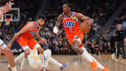 Dec 2, 2025; San Francisco, California, USA; Oklahoma City Thunder guard Jalen Williams (8) dribbles the ball against the Golden State Warriors in the fourth quarter at the Chase Center. Mandatory Credit: Cary Edmondson-Imagn Images