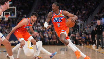 Dec 2, 2025; San Francisco, California, USA; Oklahoma City Thunder guard Jalen Williams (8) dribbles the ball against the Golden State Warriors in the fourth quarter at the Chase Center. Mandatory Credit: Cary Edmondson-Imagn Images