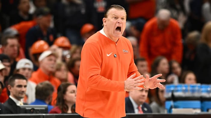 Mar 30, 2024; Boston, MA, USA; Illinois Fighting Illini head coach Brad Underwood reacts against the; Credit: Brian Fluharty-USA TODAY Sports