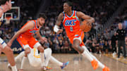 Dec 2, 2025; San Francisco, California, USA; Oklahoma City Thunder guard Jalen Williams (8) dribbles the ball against the Golden State Warriors in the fourth quarter at the Chase Center.