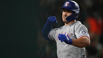 Apr 23, 2025; West Sacramento, California, USA; Texas Rangers left fielder Wyatt Langford (36) reacts after hitting a home run against the Athletics in the fourth inning at Sutter Health Park.