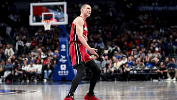 Feb 13, 2025; Dallas, Texas, USA;  Miami Heat guard Tyler Herro (14) reacts after scoring during the second half against the Dallas Mavericks at American Airlines Center. Mandatory Credit: Kevin Jairaj-Imagn Images