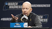 Mar 15, 2023; Sacramento, CA, USA; UCLA Bruins head coach Mike Cronin addresses the media in a press conference during practice day at Golden 1 Center. Mandatory Credit: Kyle Terada-Imagn Images