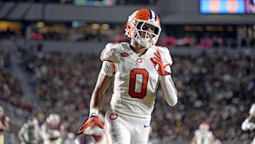 Oct 5, 2024; Tallahassee, Florida, USA; Clemson Tigers wide receiver Antonio Williams (0) scores a touchdown against the Florida State Seminoles during the first half at Doak S. Campbell Stadium. Mandatory Credit: Melina Myers-Imagn Images
