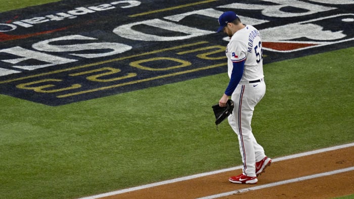 Oct 28, 2023; Arlington, Texas, USA; Texas Rangers starting pitcher Jordan Montgomery (52) walks off