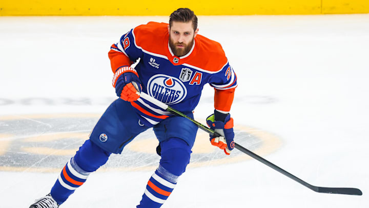 Jun 14, 2025; Edmonton, Alberta, CAN; Edmonton Oilers center Leon Draisaitl (29) skates during the warmup period against the Florida Panthers in game five of the 2025 Stanley Cup Final at Rogers Place. Mandatory Credit: Sergei Belski-Imagn ImagesL