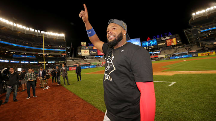 Oct 8, 2025; Bronx, New York, USA; Toronto Blue Jays first baseman Vladimir Guerrero Jr. (27) celebrates on the field after defeating the New York Yankees in game four of the ALDS round of the 2025 MLB playoffs at Yankee Stadium. Oct 8, 2025; Bronx, New York, USA; Toronto Blue Jays first baseman Vladimir Guerrero Jr. (27) celebrates on the field after defeating the New York Yankees in game four of the ALDS round of the 2025 MLB playoffs at Yankee Stadium.